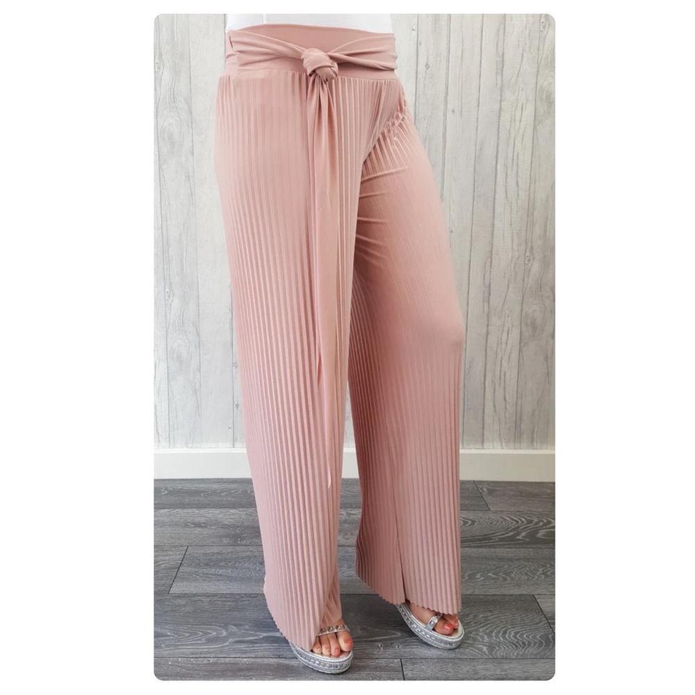 Pleated Flowy Wide Leg Tie Waist Pants